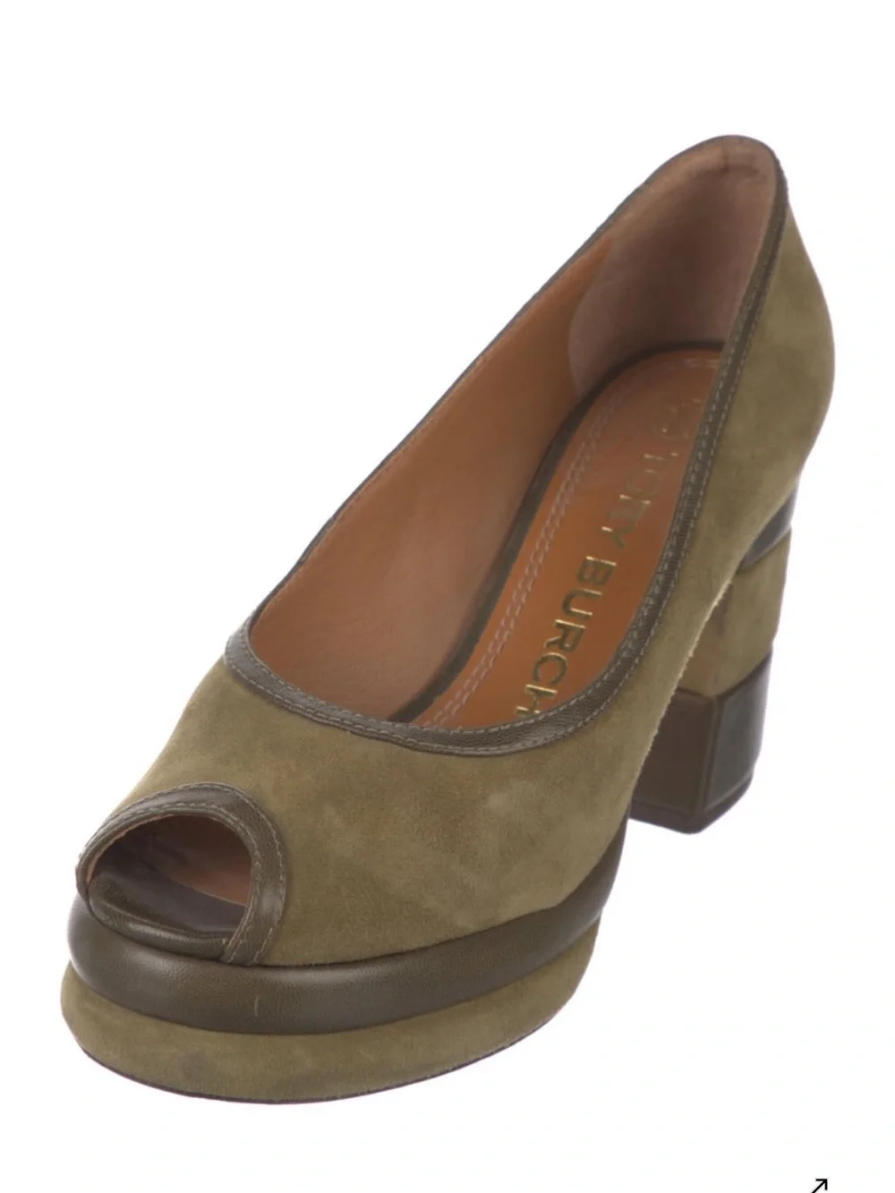 Tory Burch Olive Suede Peep-Toe Block Heel Pumps